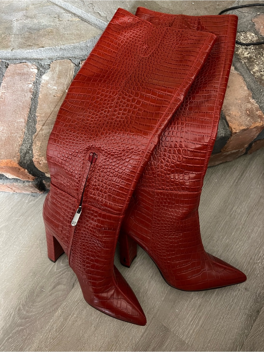 Red Sam Edelman LEATHER Snakeskin Knee-High Block Heel Boots - Picture 5 of 7